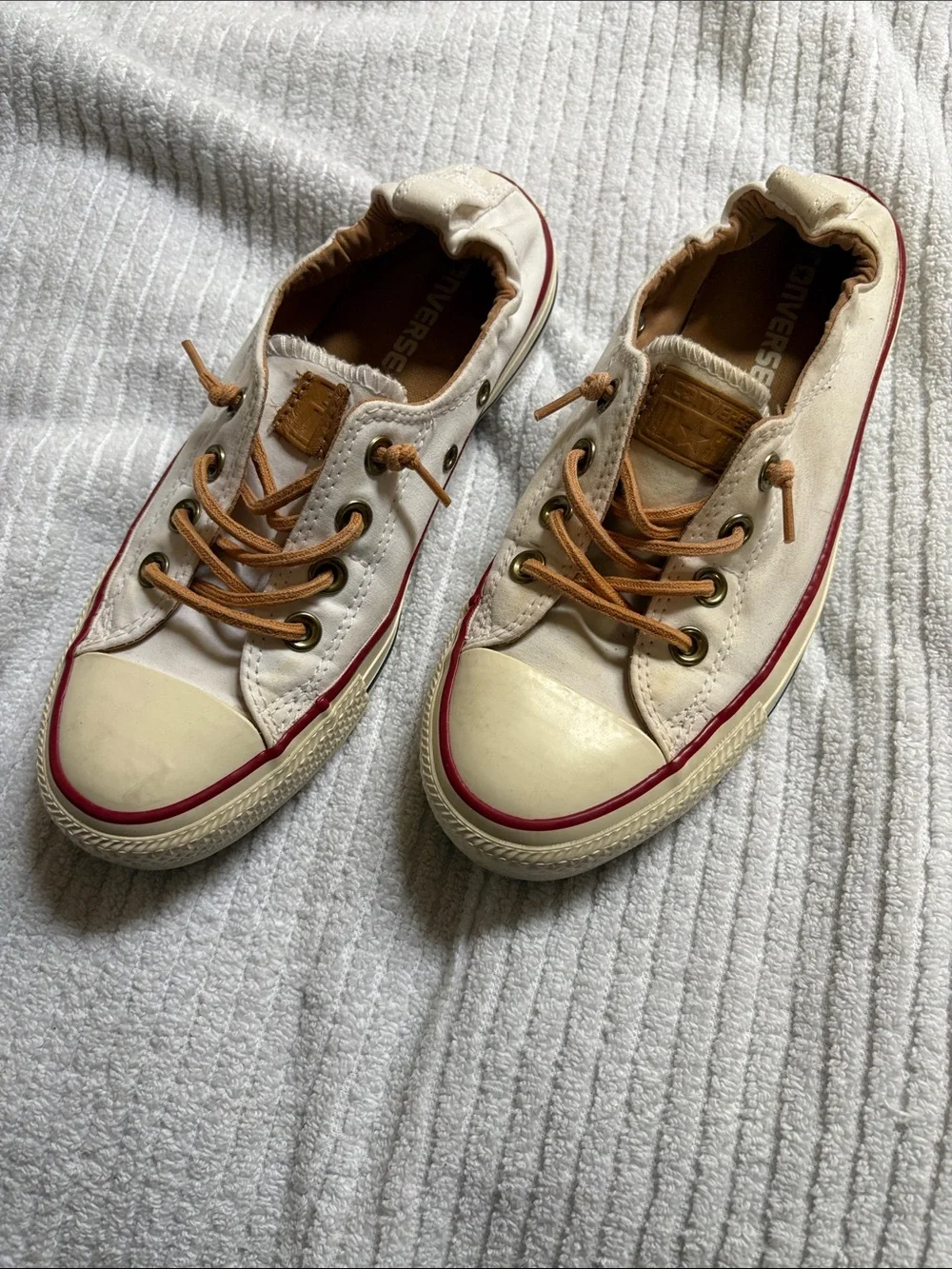 Converse Low-Top Canvas Sneakers in Cream with Tan Laces and Red Trim